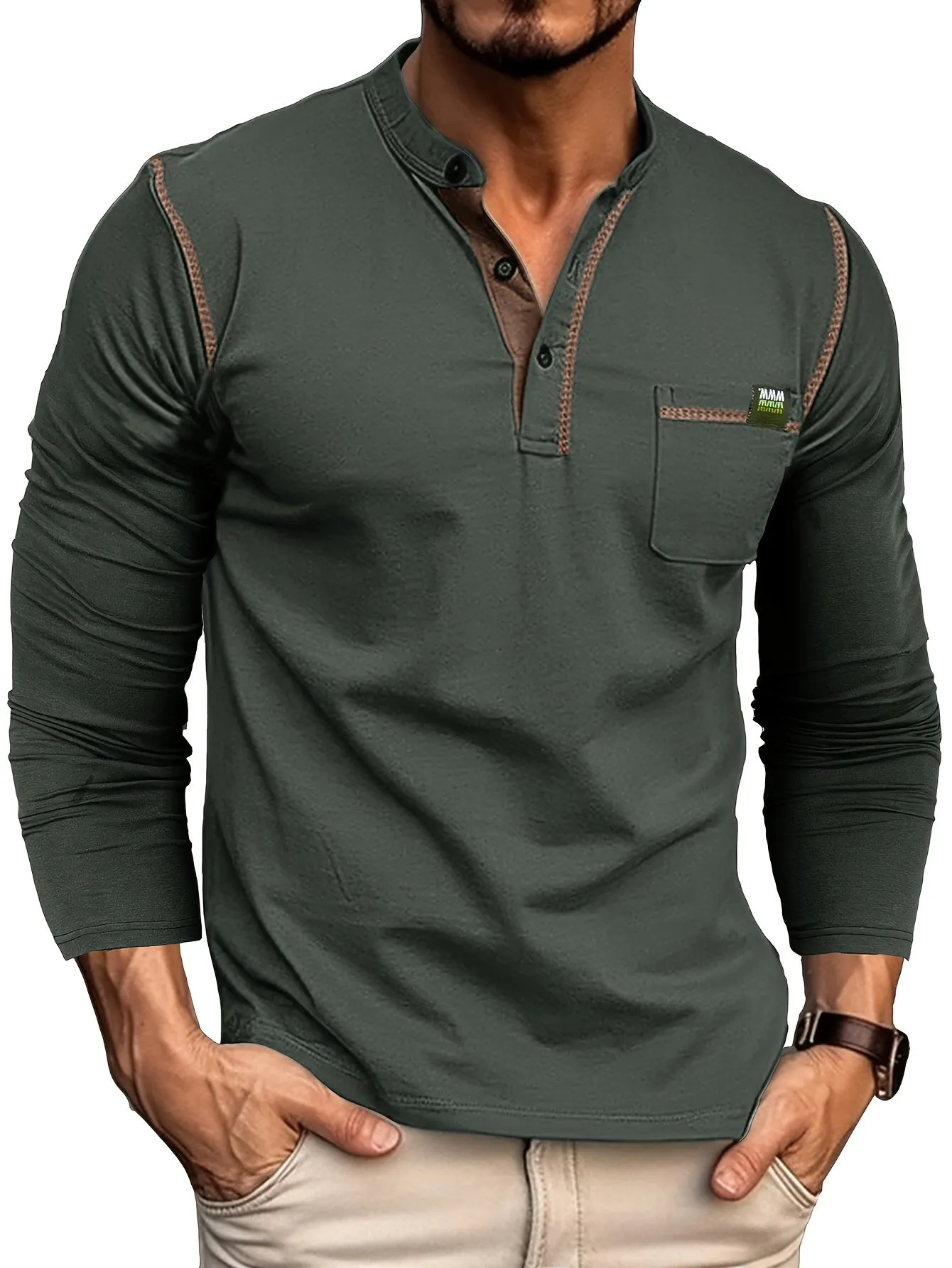EchtMan - Heren Lange Mouw Henley Shirt met Borstzak en Contrasterende Stiksels