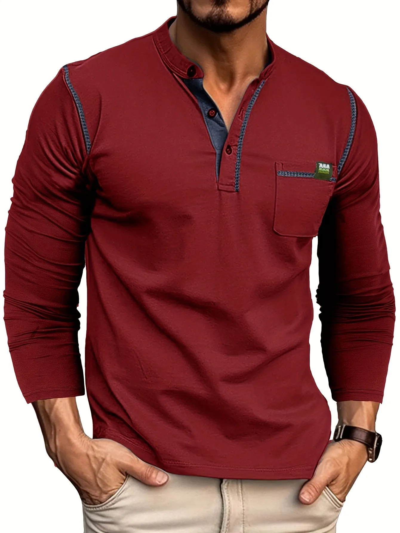 EchtMan - Heren Lange Mouw Henley Shirt met Borstzak en Contrasterende Stiksels