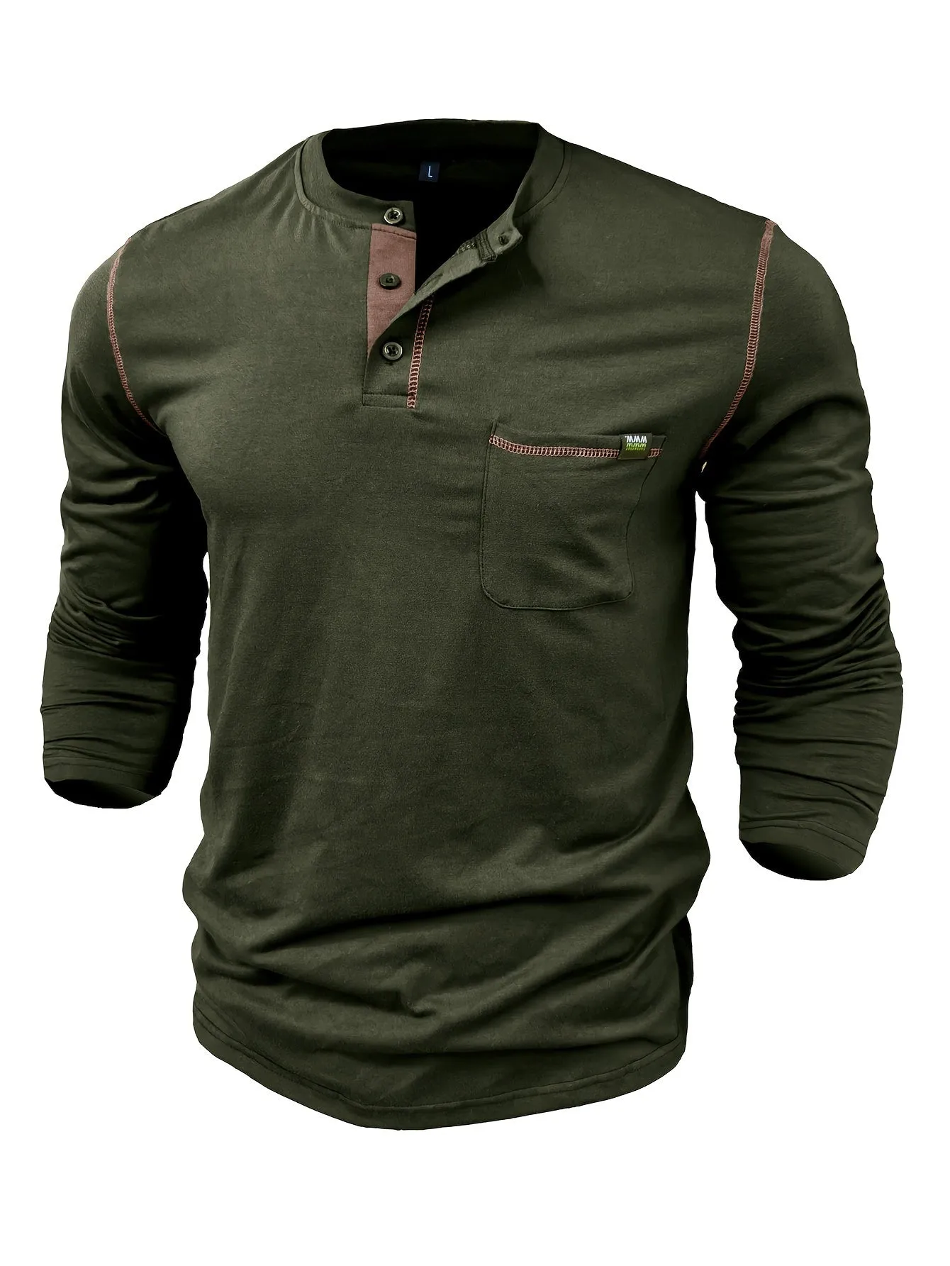 EchtMan - Heren Lange Mouw Henley Shirt met Borstzak en Contrasterende Stiksels