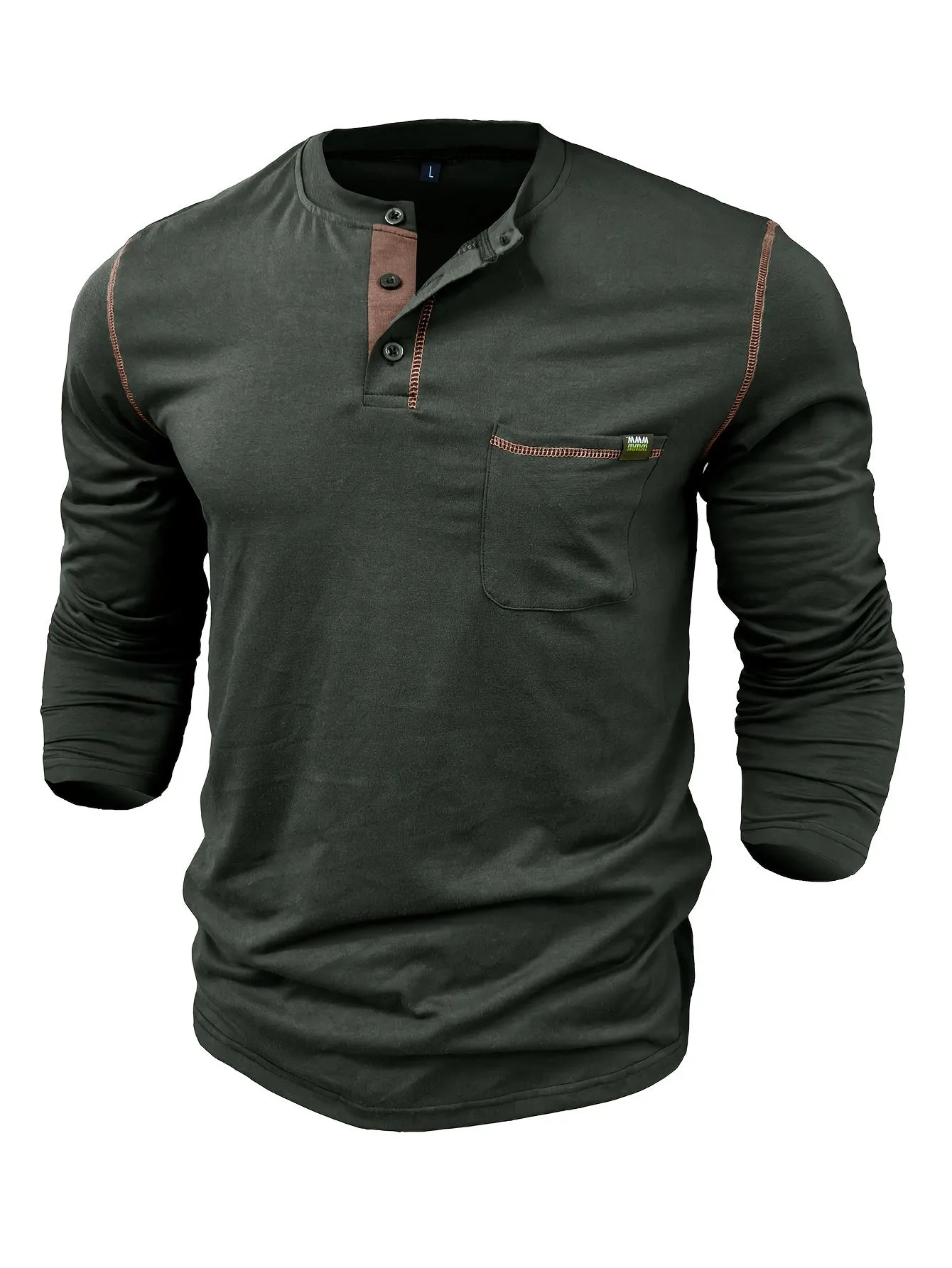 EchtMan - Heren Lange Mouw Henley Shirt met Borstzak en Contrasterende Stiksels