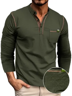 EchtMan - Heren Lange Mouw Henley Shirt met Borstzak en Contrasterende Stiksels