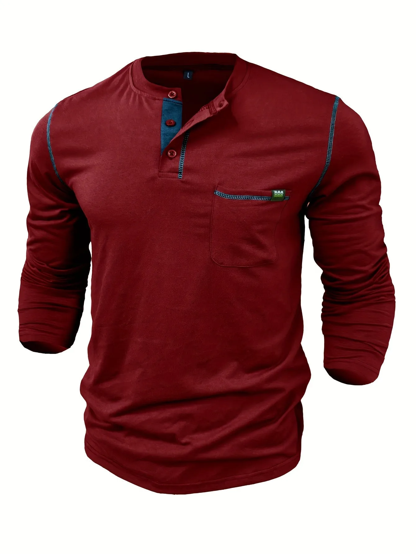 EchtMan - Heren Lange Mouw Henley Shirt met Borstzak en Contrasterende Stiksels