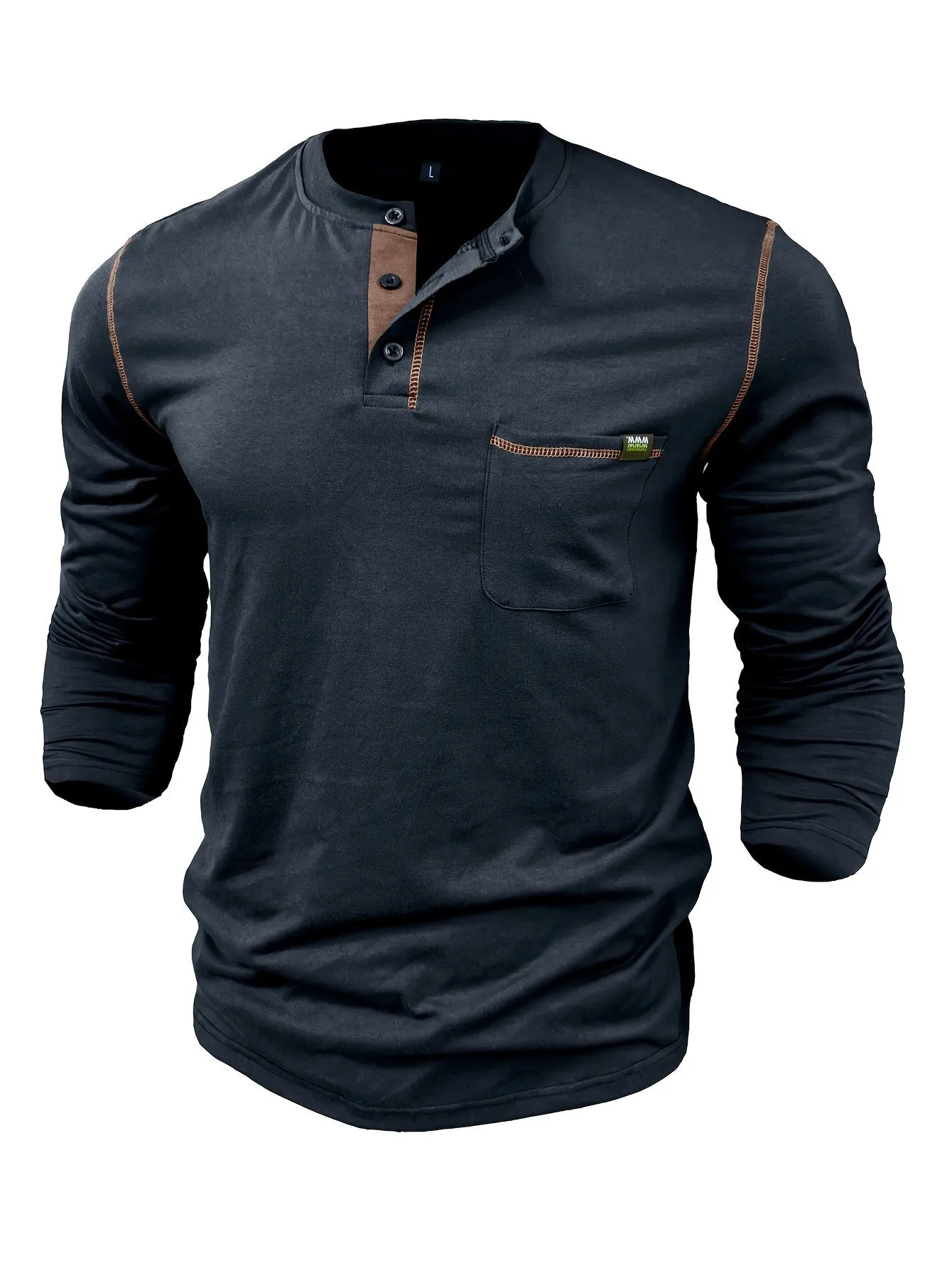 EchtMan - Heren Lange Mouw Henley Shirt met Borstzak en Contrasterende Stiksels