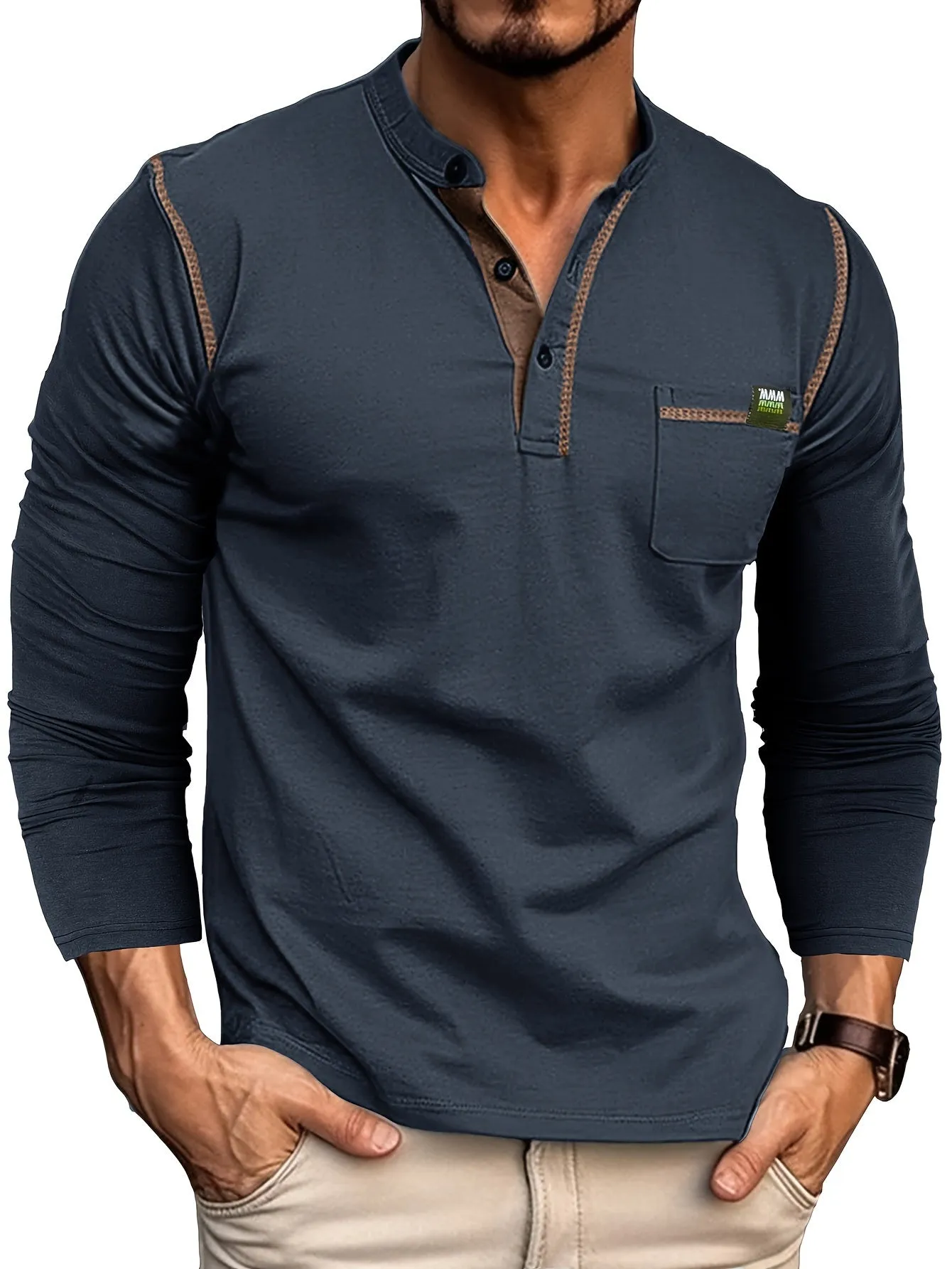 EchtMan - Heren Lange Mouw Henley Shirt met Borstzak en Contrasterende Stiksels