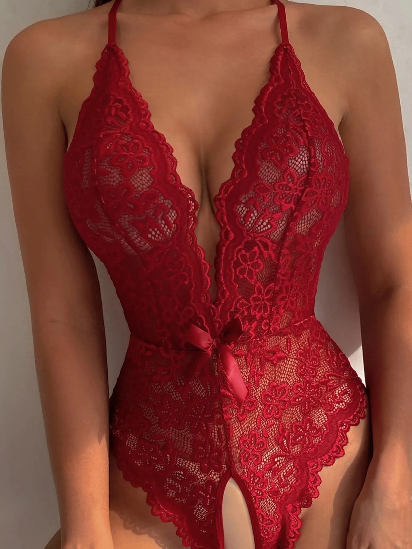 Floral Lace Scallop Trim Crotchless Teddy Bodysuit