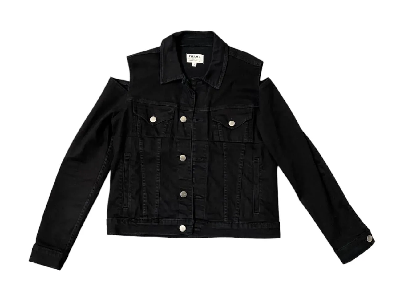Frame Le Cutout Denim Jacket | Black, Size S, Cold Shoulder, Stretch, Oversized