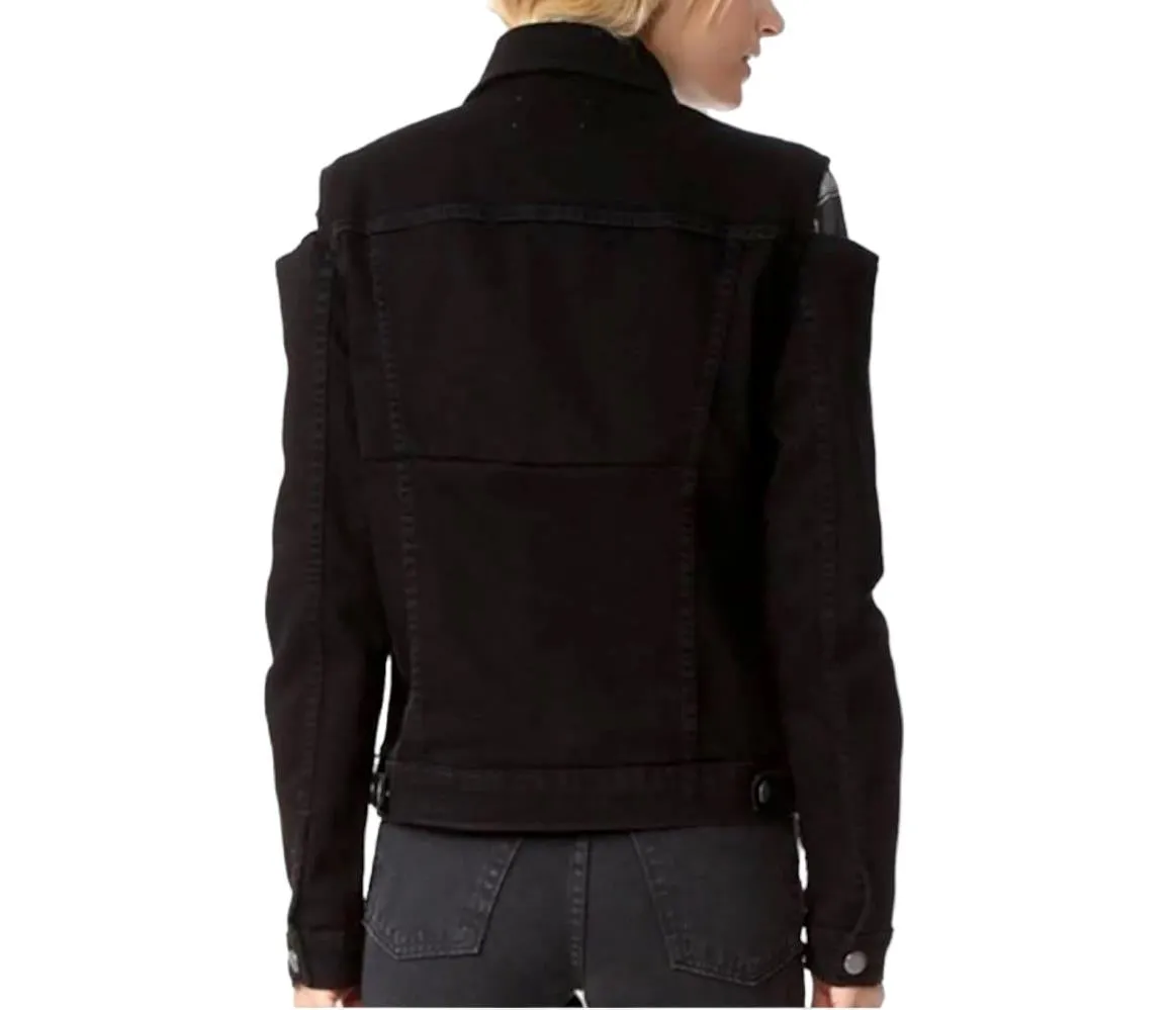 Frame Le Cutout Denim Jacket | Black, Size S, Cold Shoulder, Stretch, Oversized