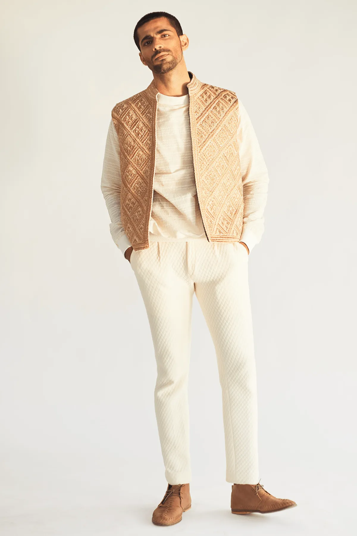 Geometric Embroidery Bandi Jacket with Pullover and Pants