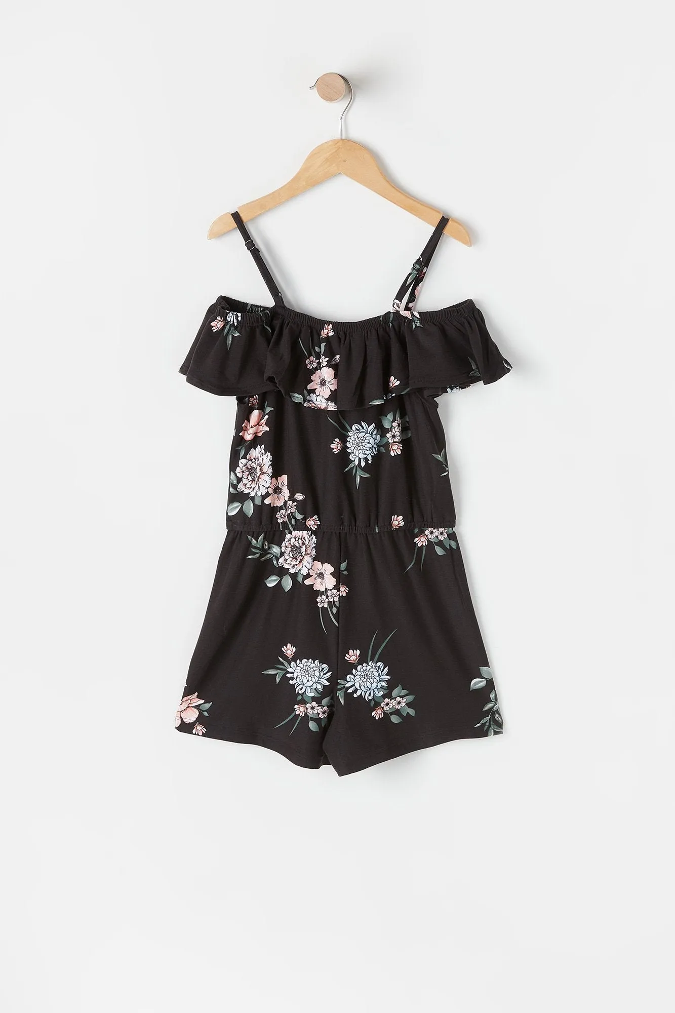 Girls Soft Black Floral Cold Shoulder Peasant Romper
