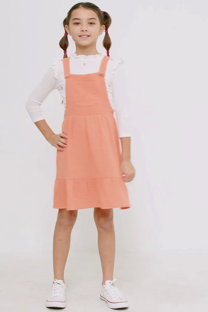 Girls Textured Chest Pocket Overall Dress