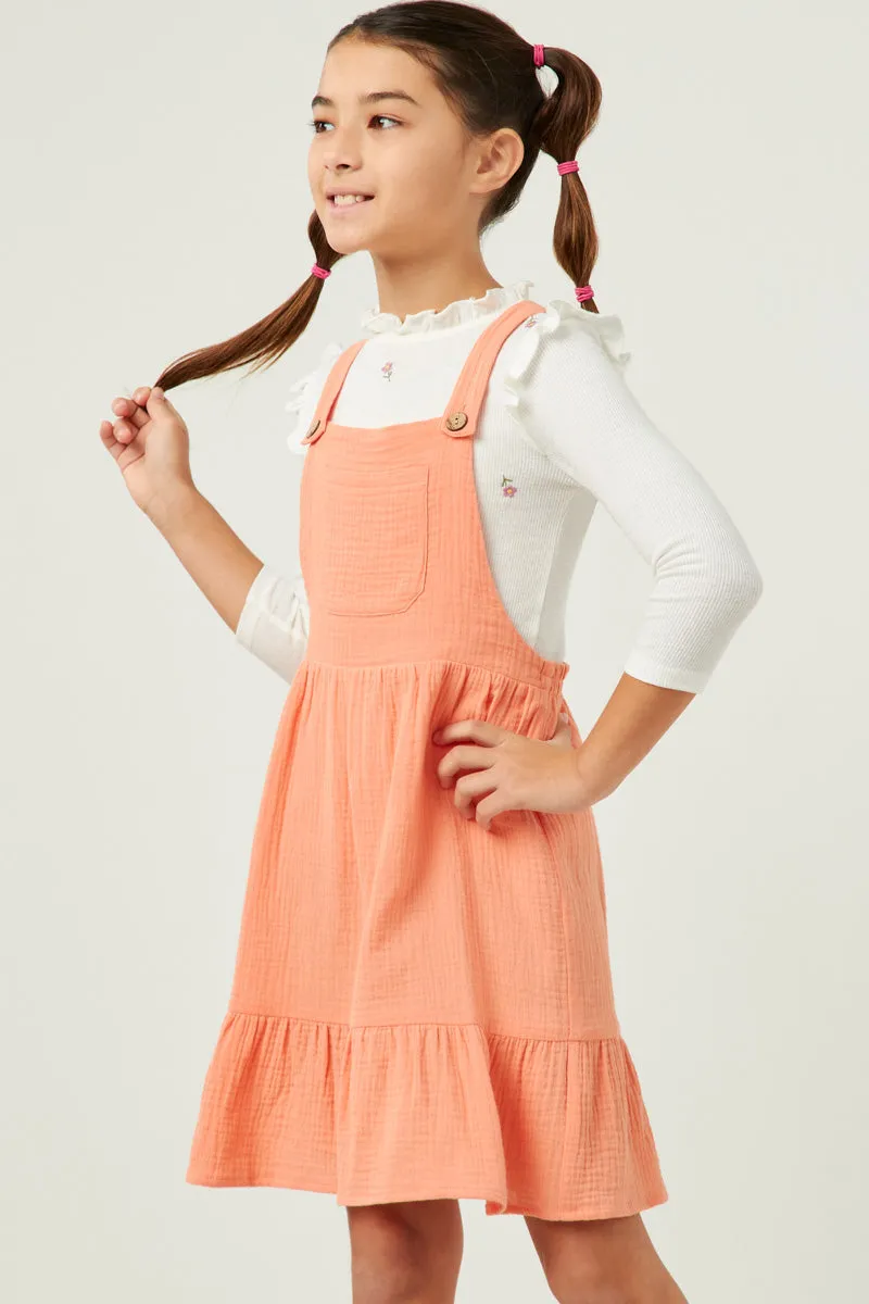 Girls Textured Chest Pocket Overall Dress