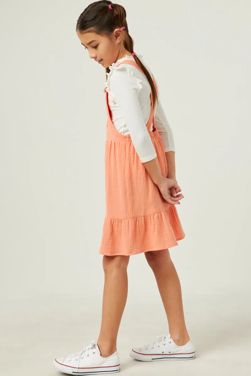 Girls Textured Chest Pocket Overall Dress