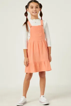 Girls Textured Chest Pocket Overall Dress