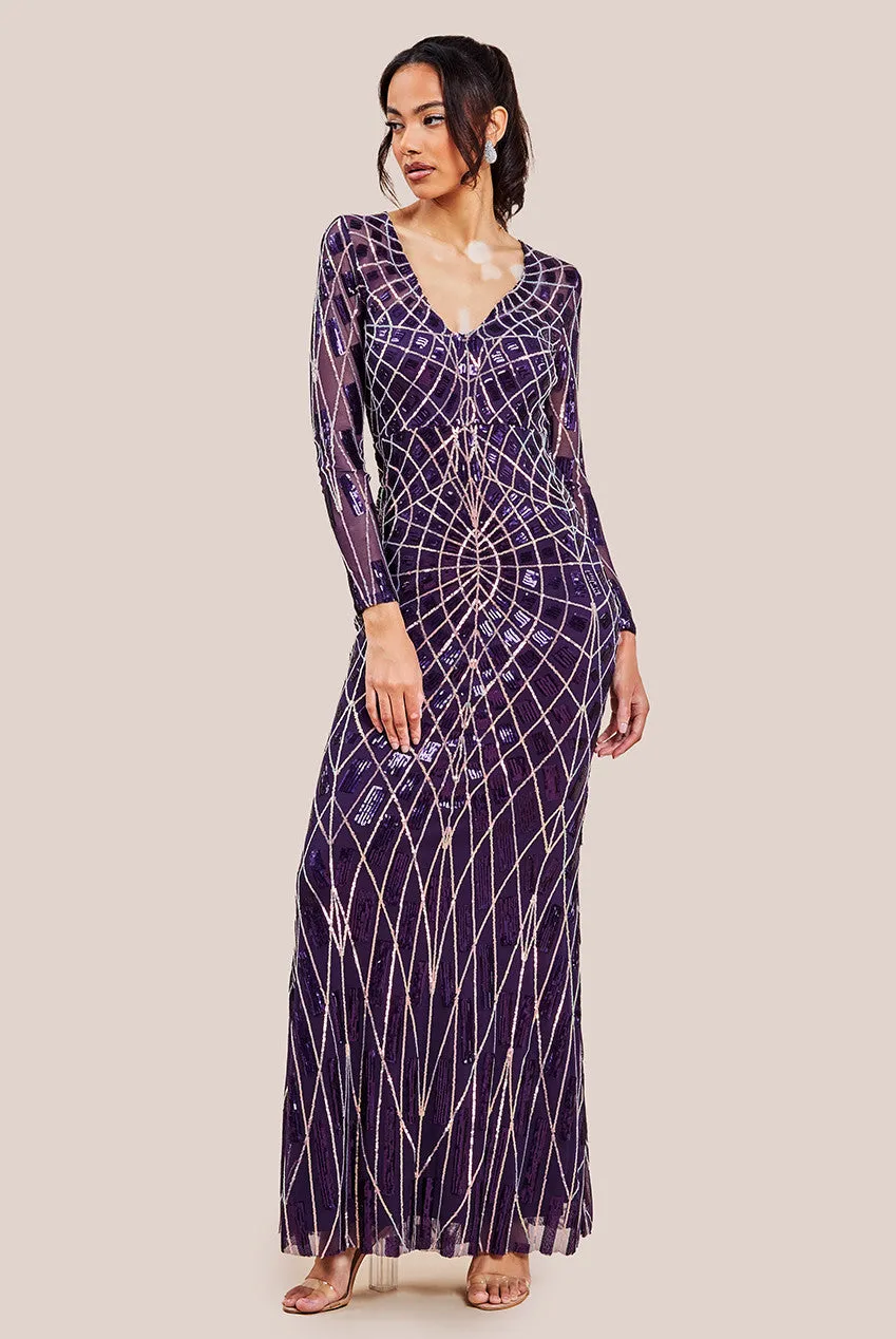 Goddiva Geo Patterned Sequin Long Sleeve Maxi Dress