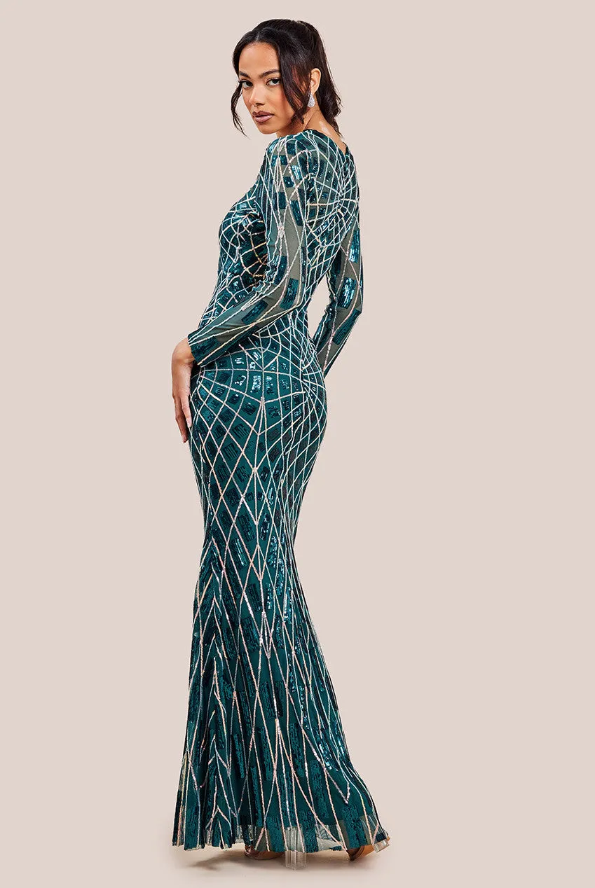 Goddiva Geo Patterned Sequin Long Sleeve Maxi Dress