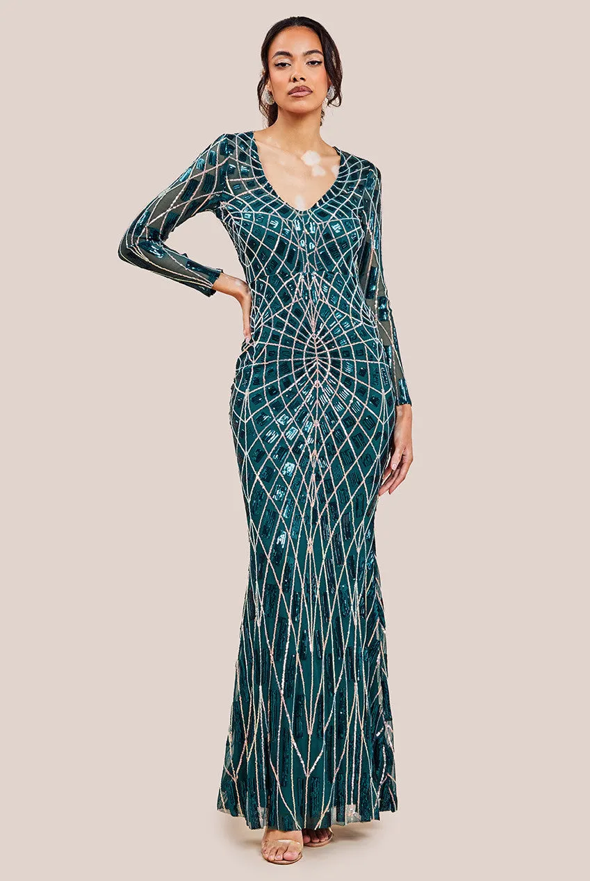 Goddiva Geo Patterned Sequin Long Sleeve Maxi Dress