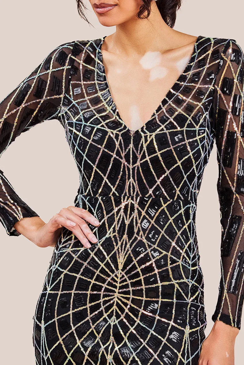 Goddiva Geo Patterned Sequin Long Sleeve Maxi Dress