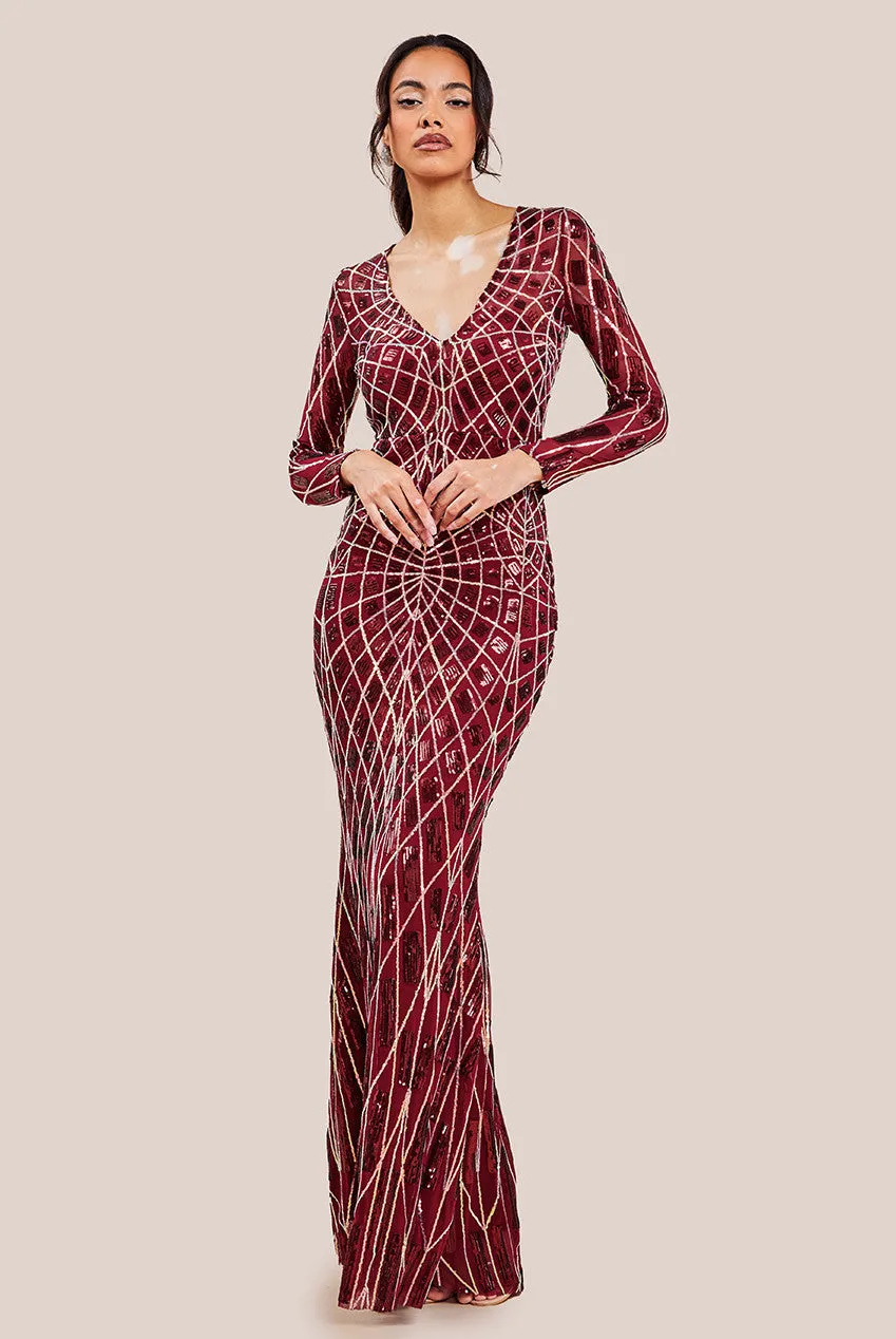 Goddiva Geo Patterned Sequin Long Sleeve Maxi Dress