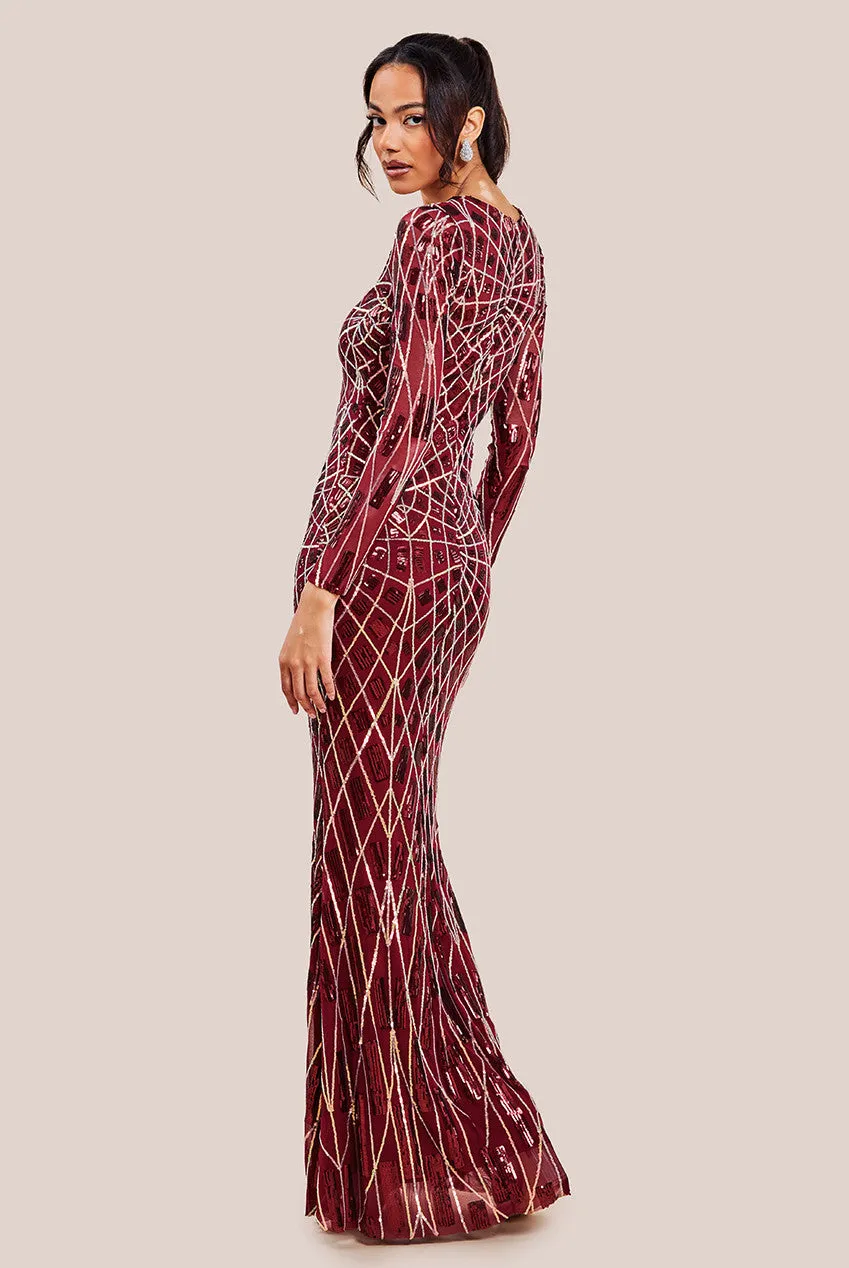 Goddiva Geo Patterned Sequin Long Sleeve Maxi Dress