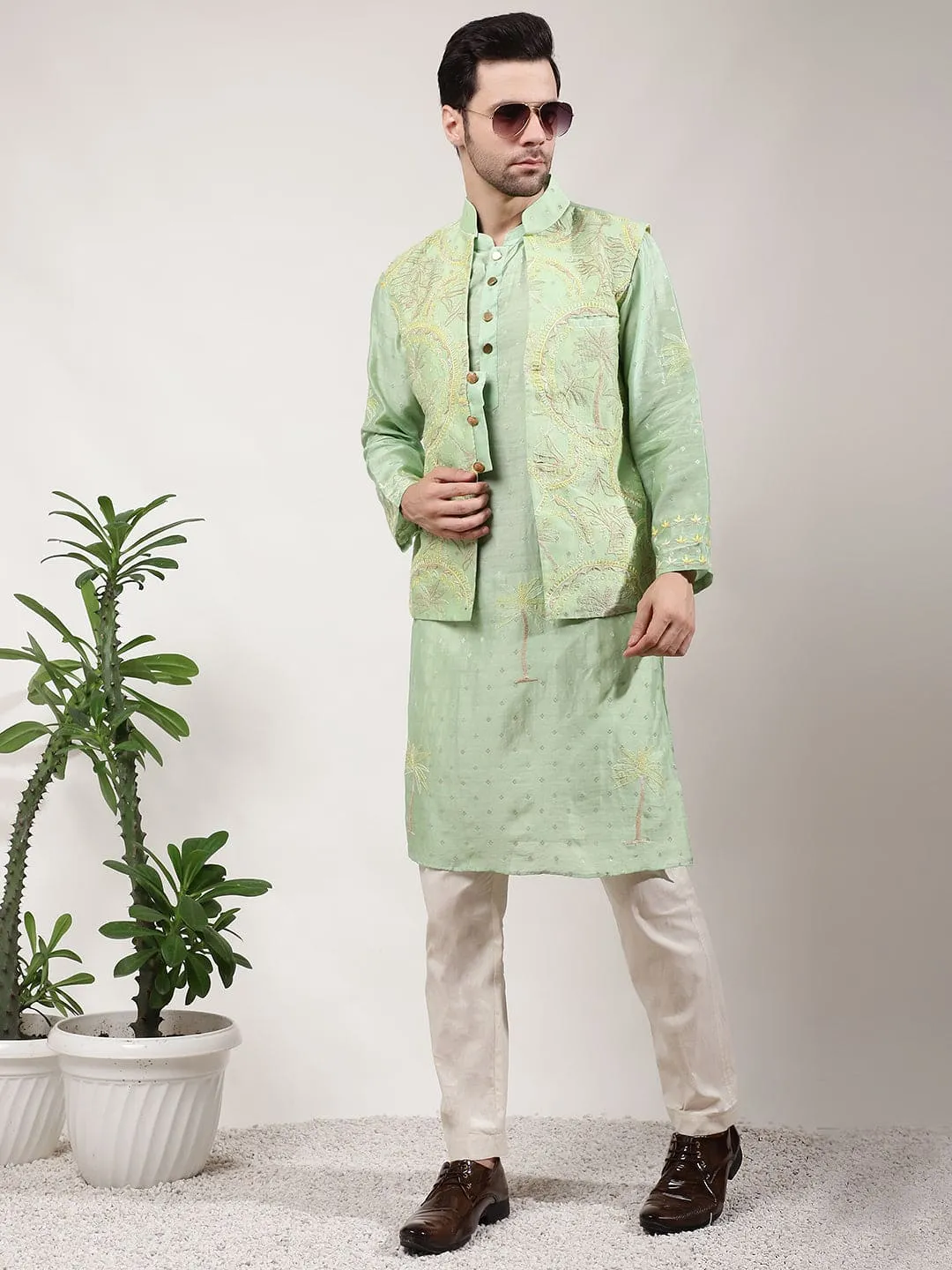 Green ChikanKari Silk Kurta Set