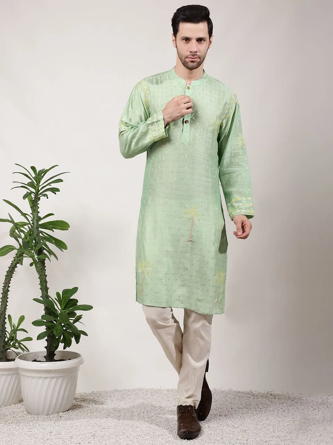 Green ChikanKari Silk Kurta Set