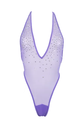 High Cut Bodysuit  SKINNY CRYSTAL  / Sexy Lingerie Sheer Mesh / LILAC