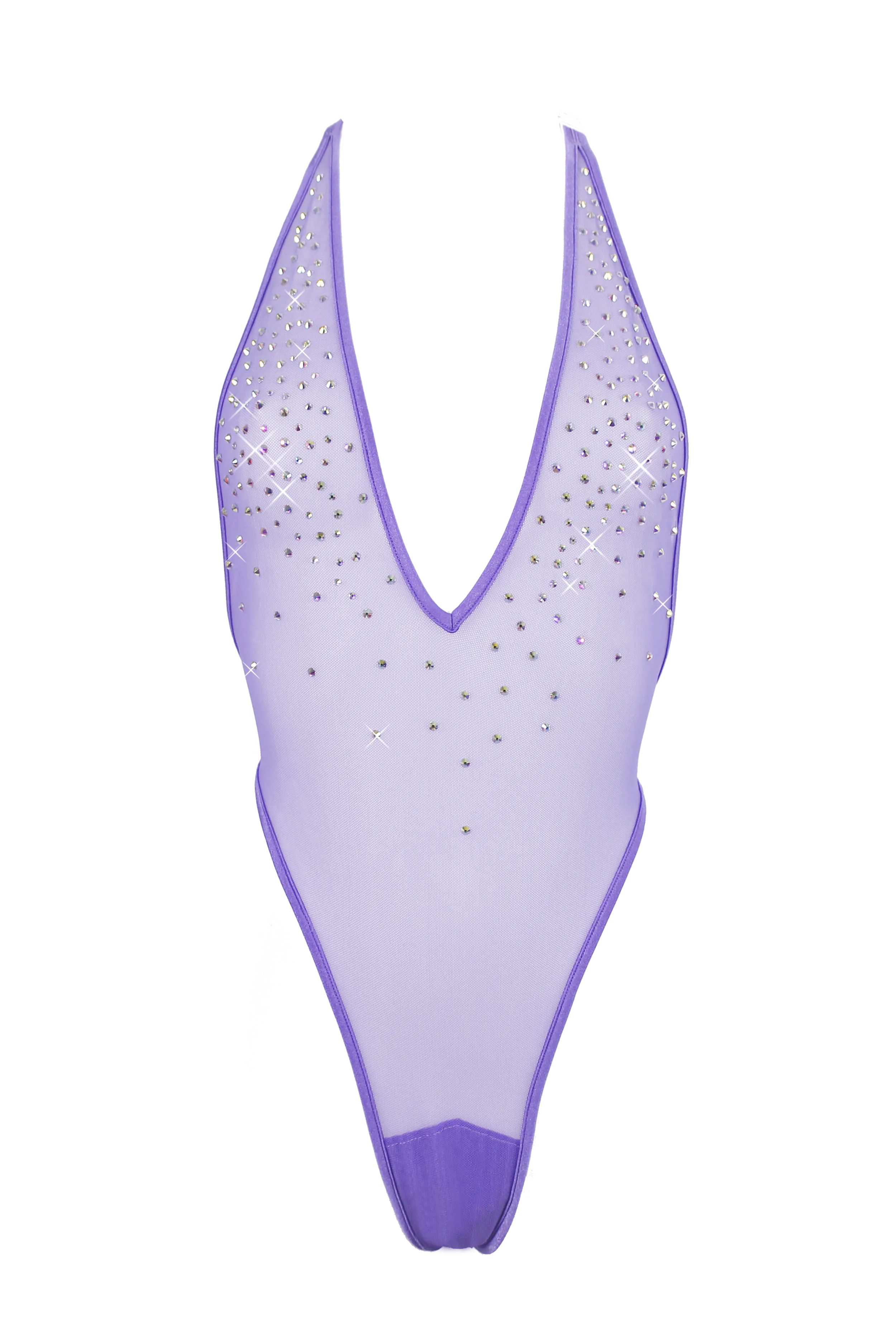 High Cut Bodysuit  SKINNY CRYSTAL  / Sexy Lingerie Sheer Mesh / LILAC