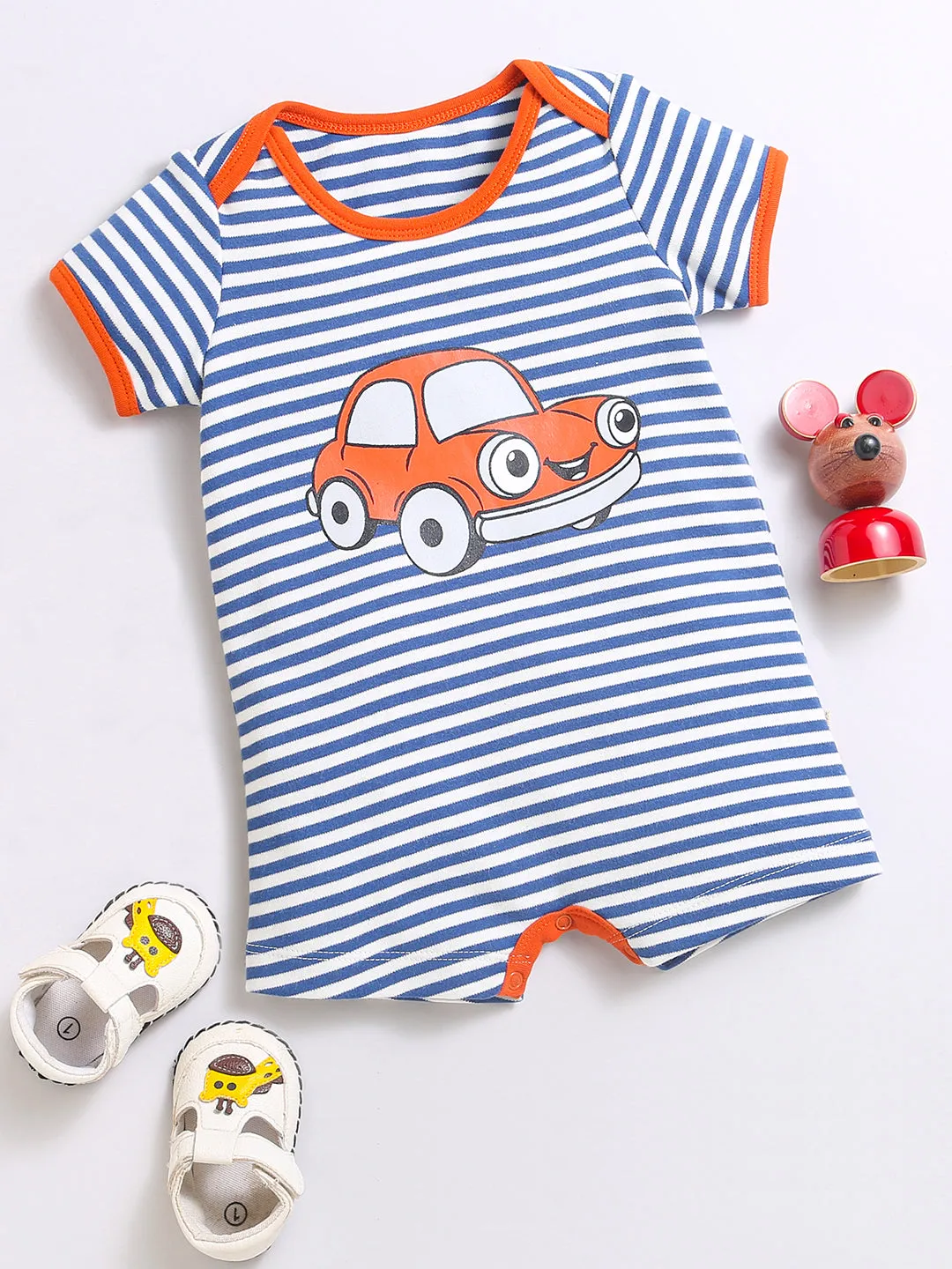 Horizontal Strip Car Print Lap Shoulder Half Romper For Unisex Baby