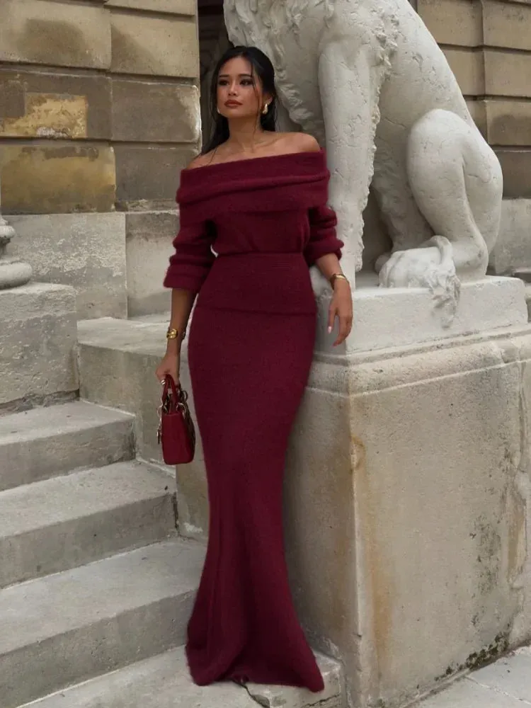 Knitted Off Shoulder Long Sleeved Slim Fit Dresses Elegant Solid Color High Waisted Women's Dress 2024 New Lady Party Streetwear