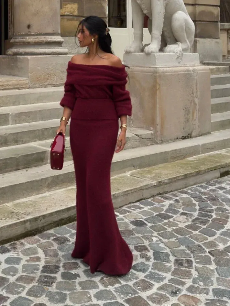 Knitted Off Shoulder Long Sleeved Slim Fit Dresses Elegant Solid Color High Waisted Women's Dress 2024 New Lady Party Streetwear
