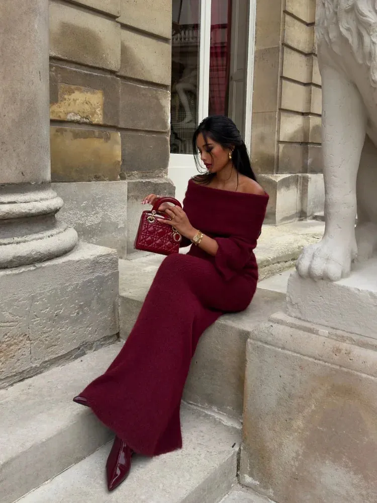 Knitted Off Shoulder Long Sleeved Slim Fit Dresses Elegant Solid Color High Waisted Women's Dress 2024 New Lady Party Streetwear