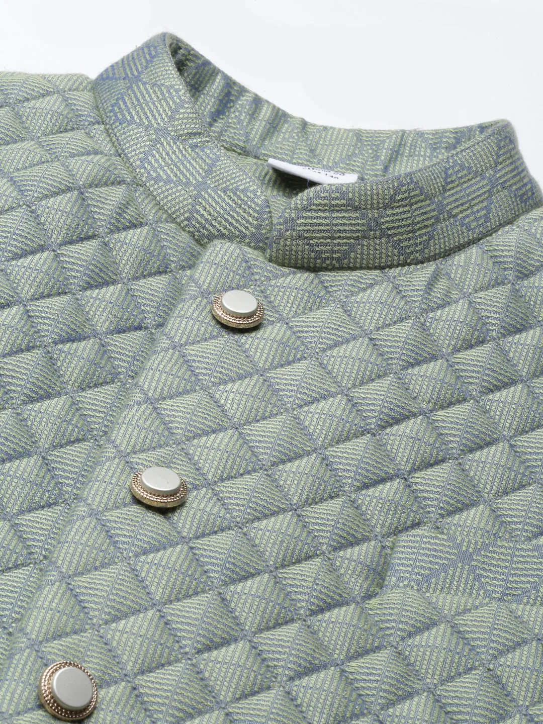 Lime Green Blue Jacquard Quilted Jacket With Short Kurta