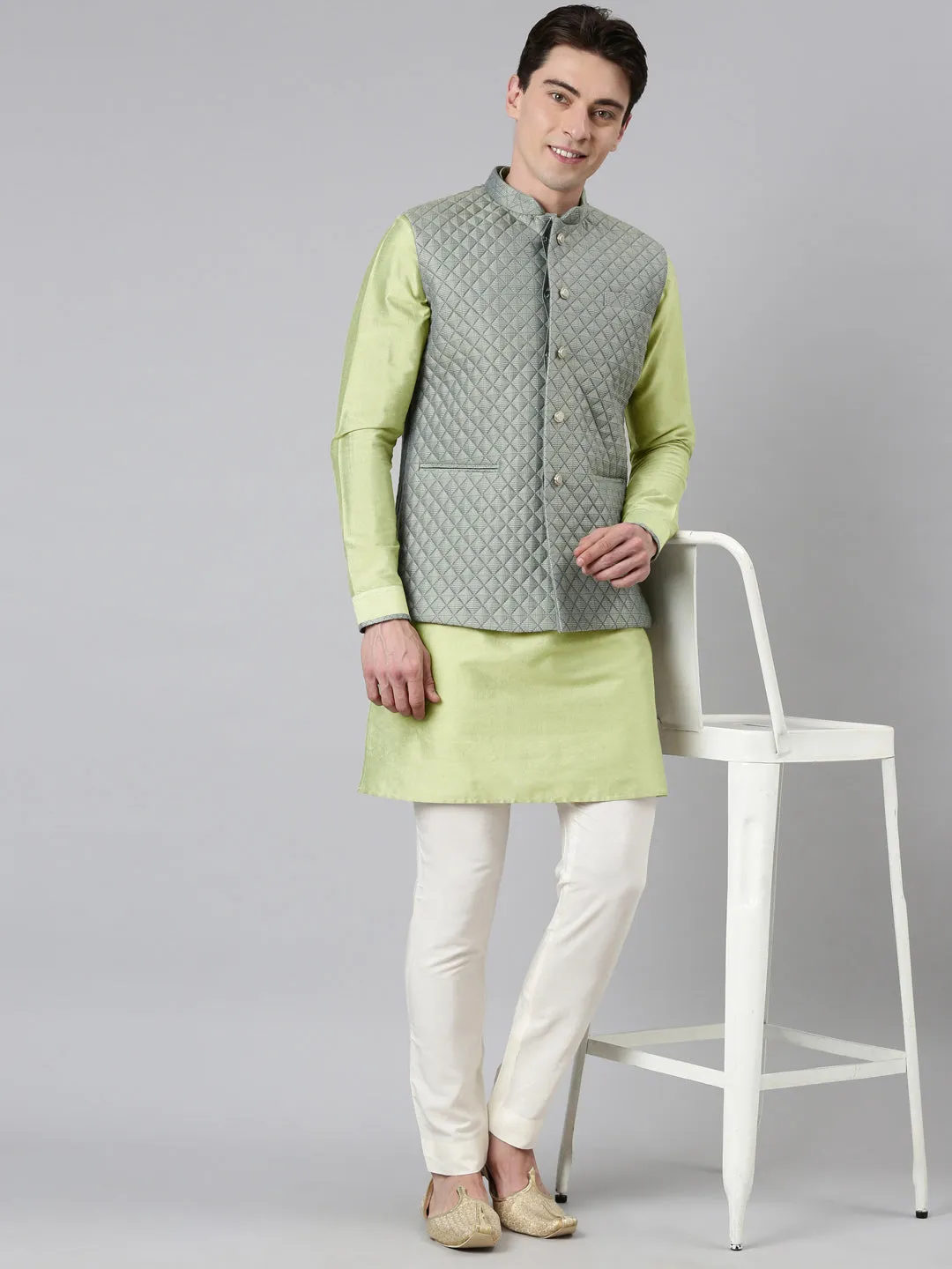 Lime Green Blue Jacquard Quilted Jacket With Short Kurta