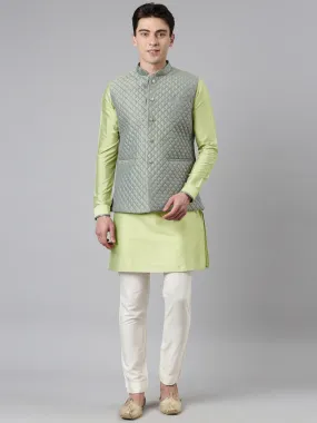 Lime Green Blue Jacquard Quilted Jacket With Short Kurta