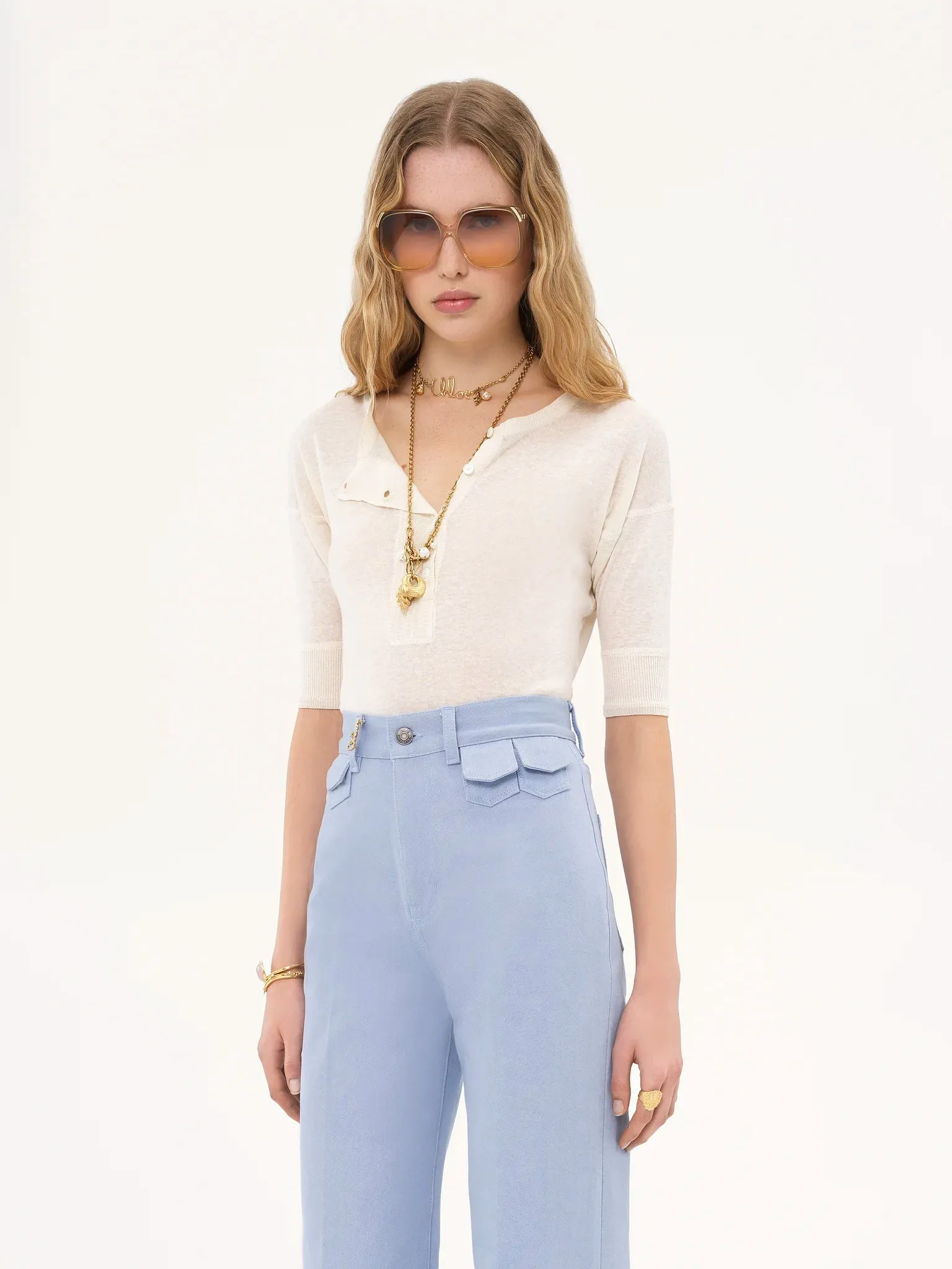 Linen & Silk Short-Sleeve Henley Knit Top