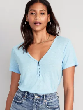 Linen-Blend V-Neck Henley T-Shirt for Women