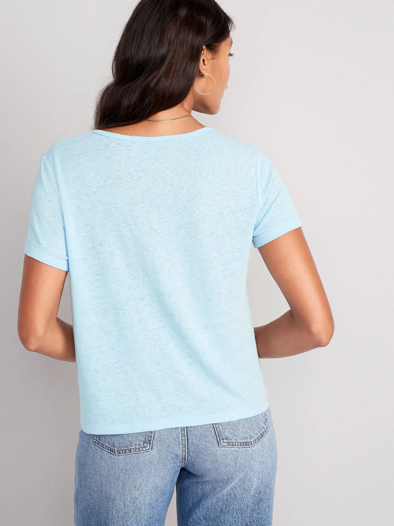 Linen-Blend V-Neck Henley T-Shirt for Women