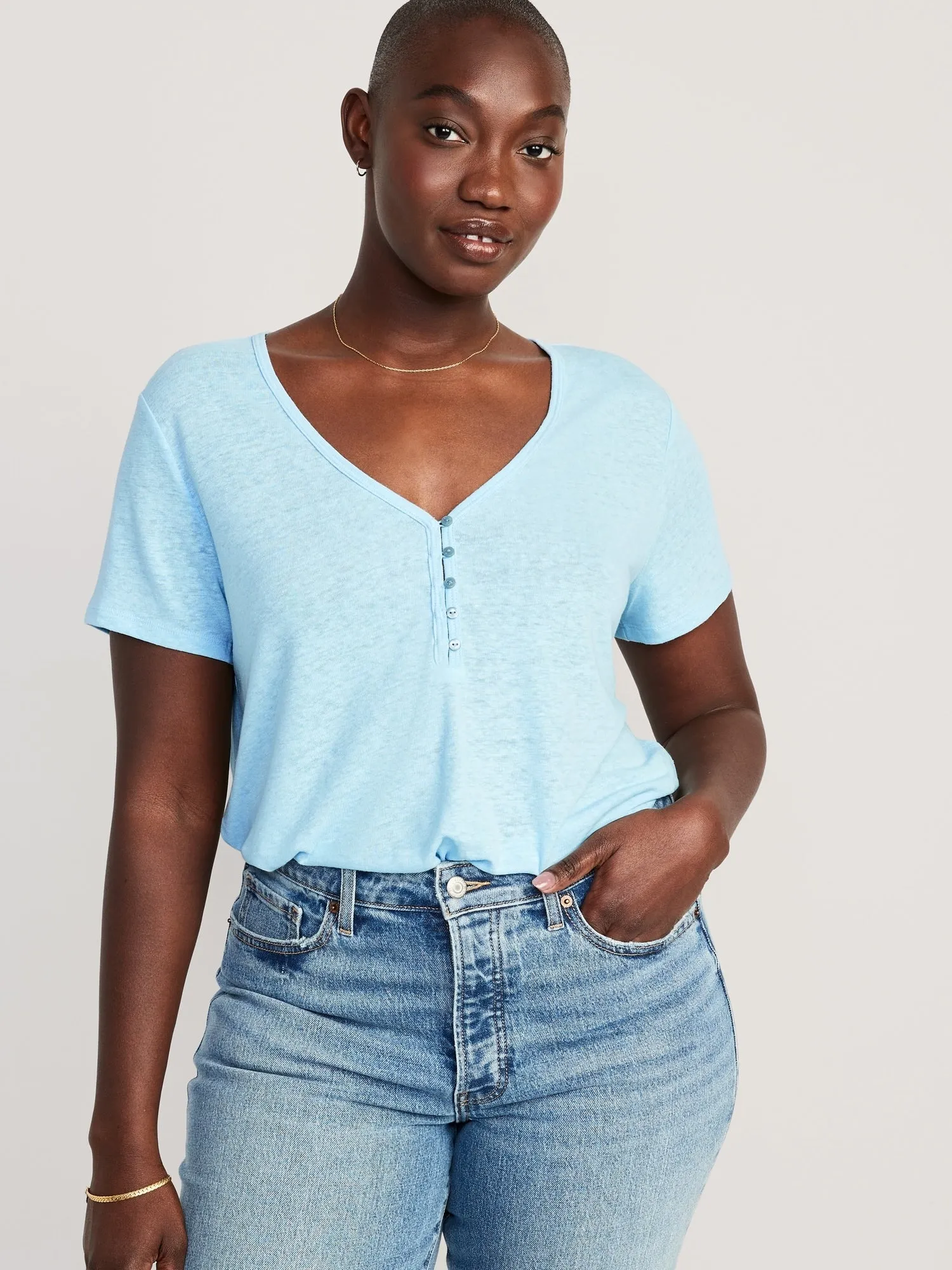 Linen-Blend V-Neck Henley T-Shirt for Women