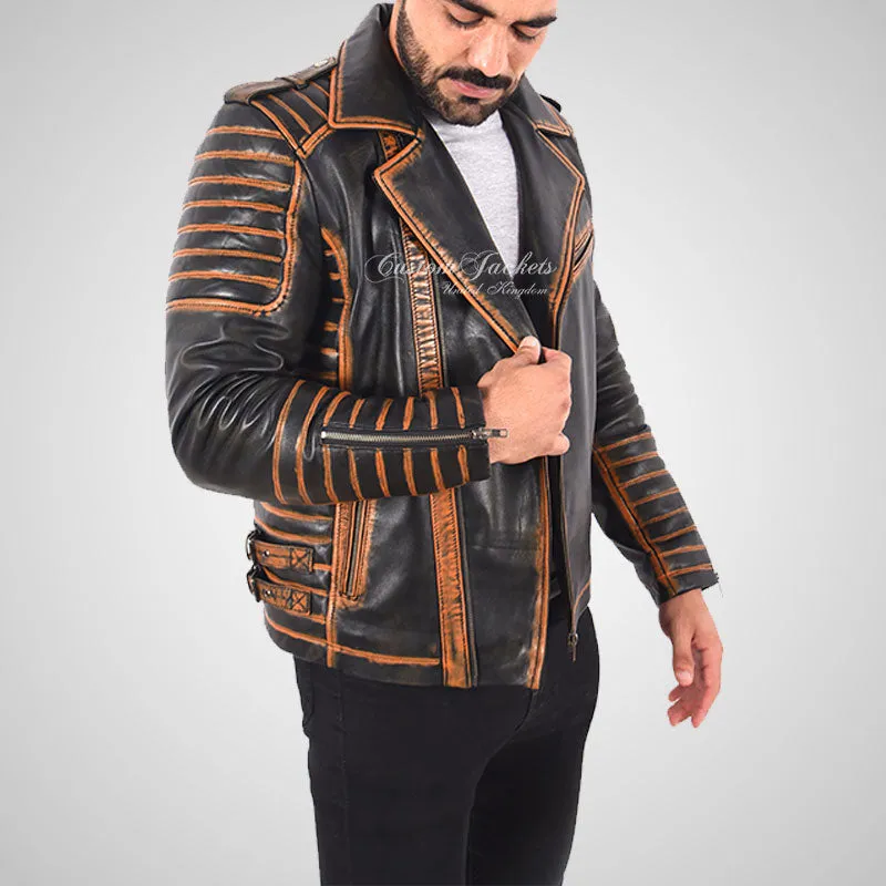 LUCCA Men's Vintage Antique Waxed Leather Bikers Jacket