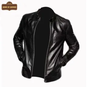 M046 Cafe Racer Genuine Leather Men's Biker Jacket Black Motorcycle Coat