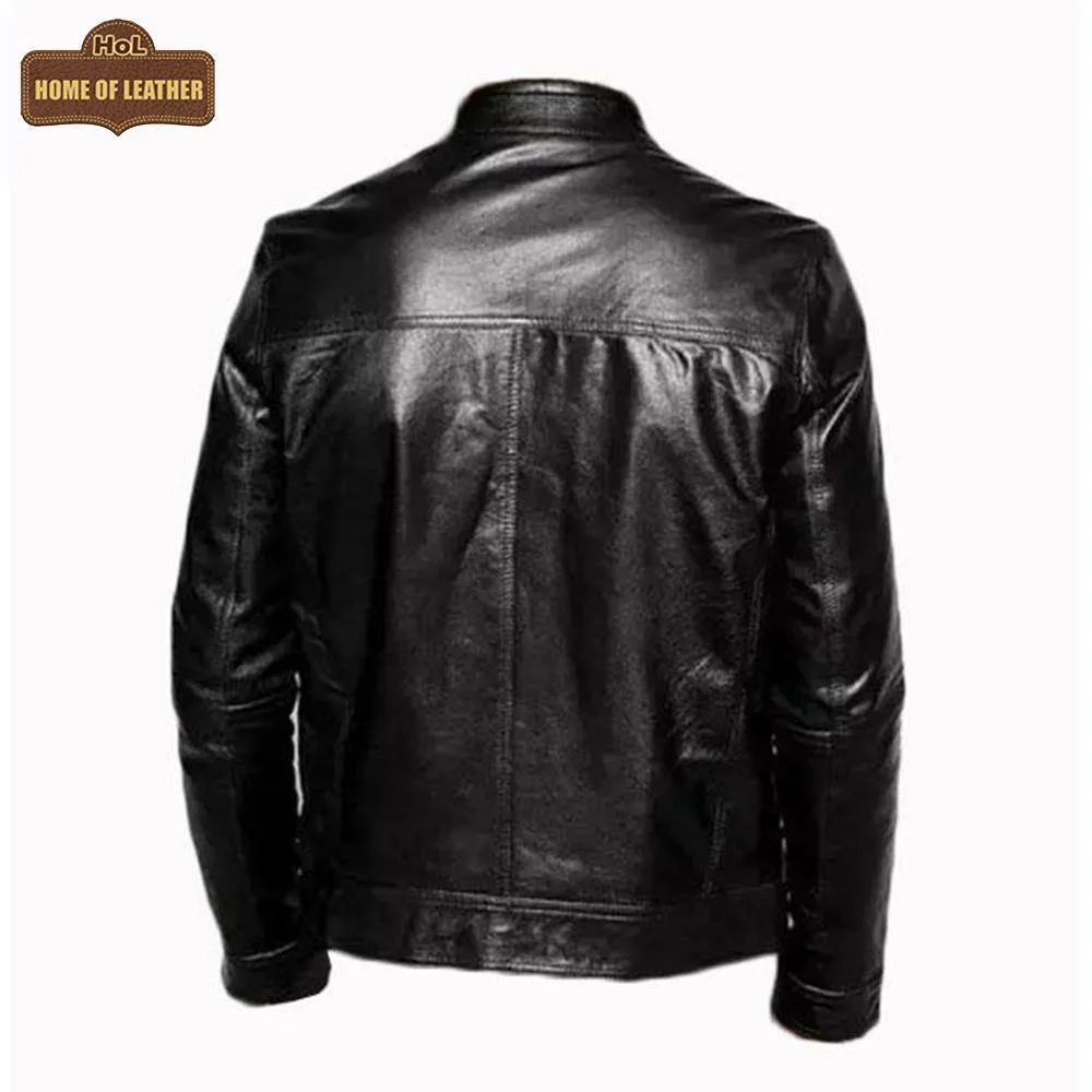 M046 Cafe Racer Genuine Leather Men's Biker Jacket Black Motorcycle Coat