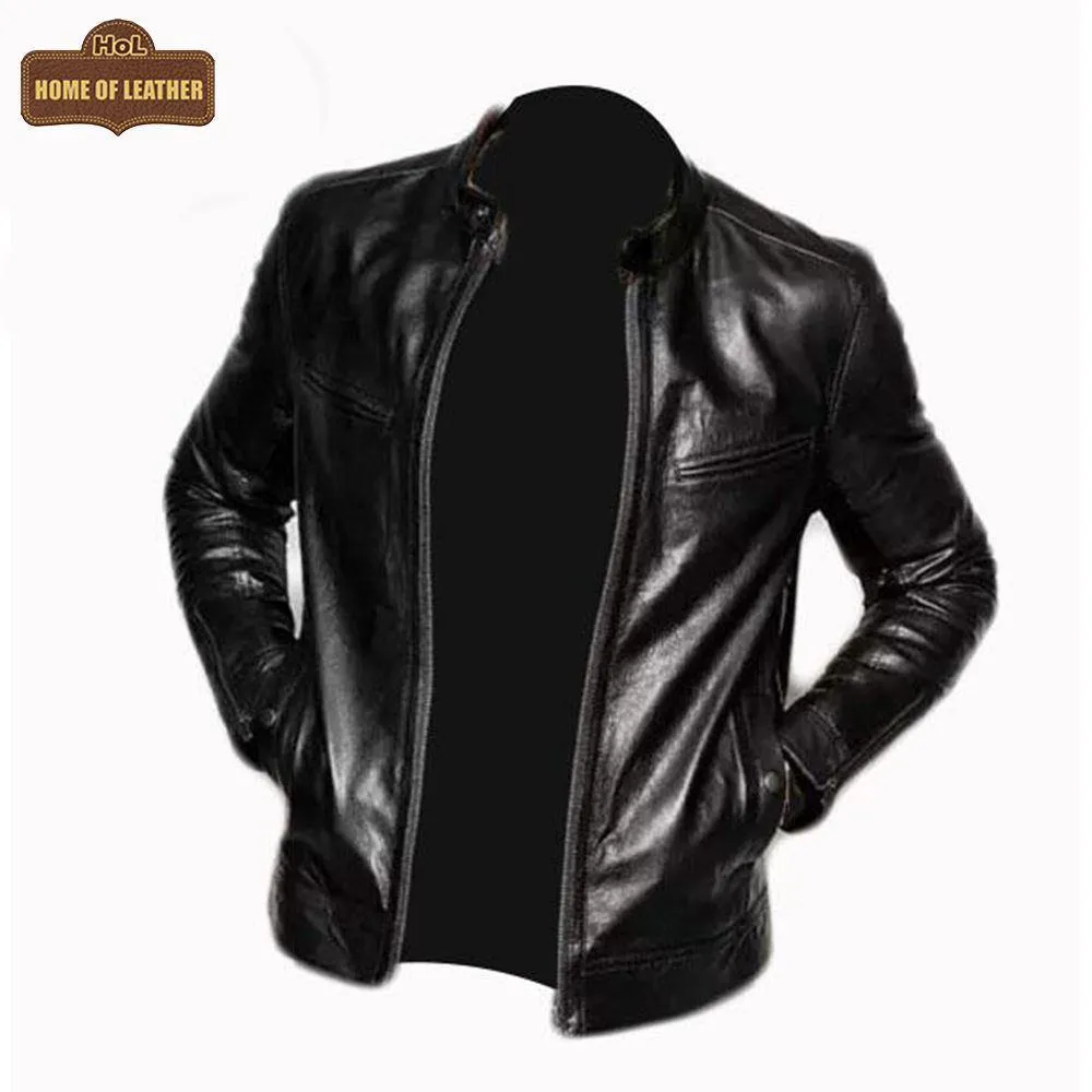 M046 Cafe Racer Genuine Leather Men's Biker Jacket Black Motorcycle Coat