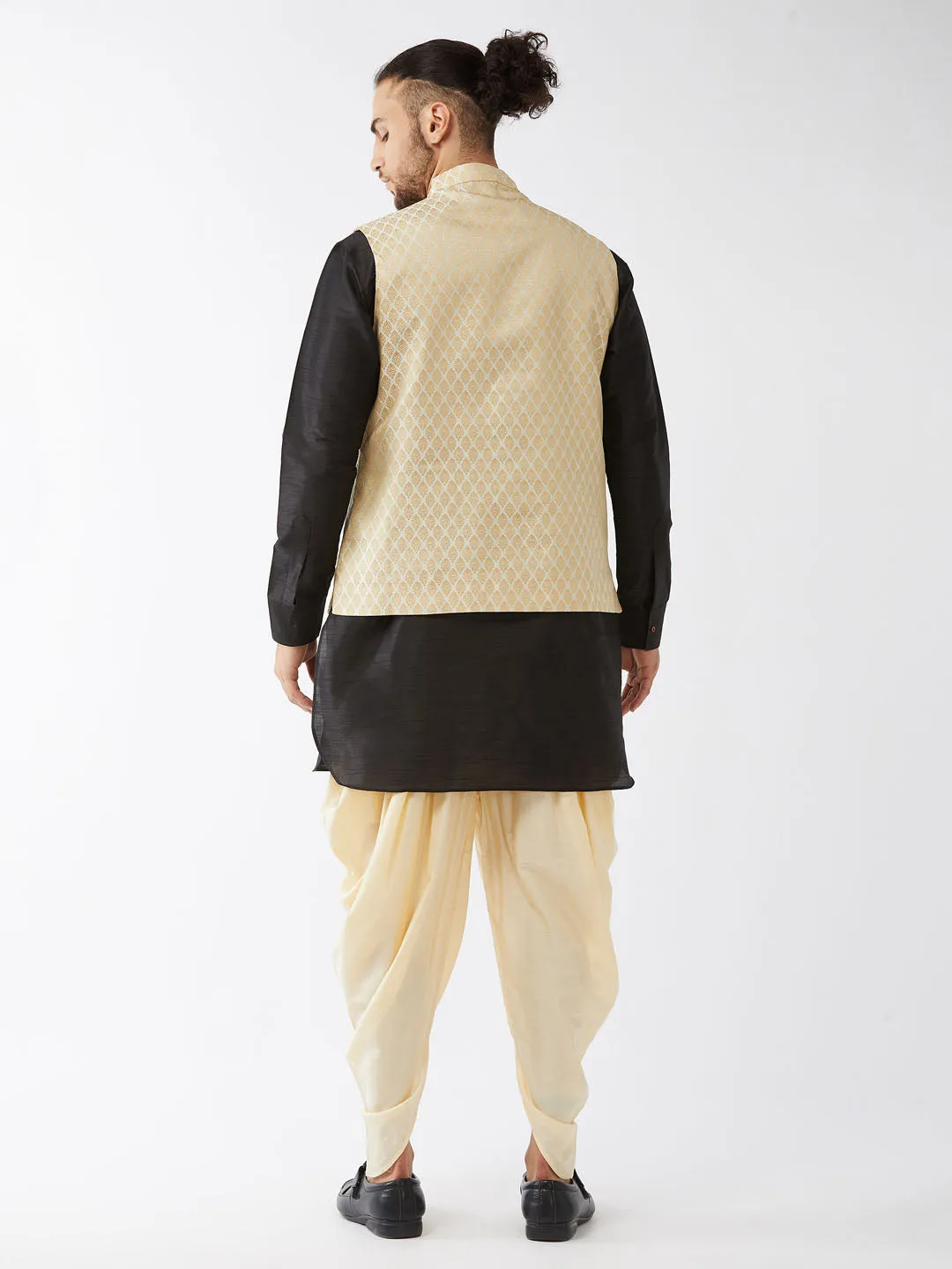 Men's Black, Cream And Gold Silk Blend Jacket, Kurta And Dhoti Set - Vastramay