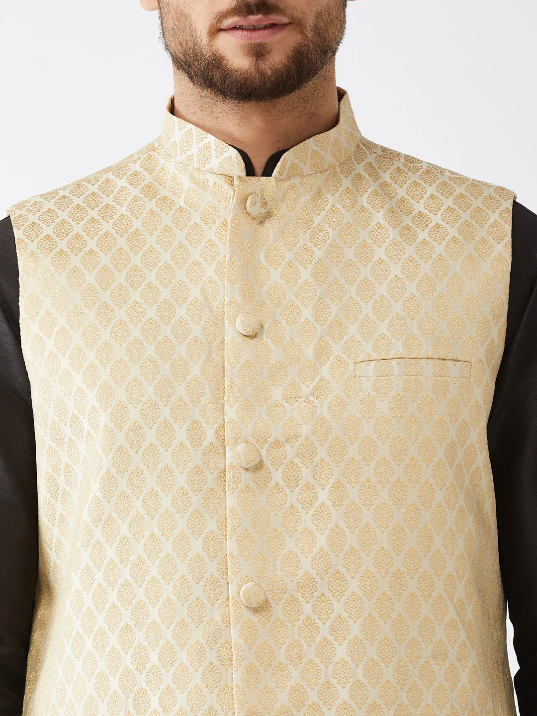 Men's Black, Cream And Gold Silk Blend Jacket, Kurta And Dhoti Set - Vastramay