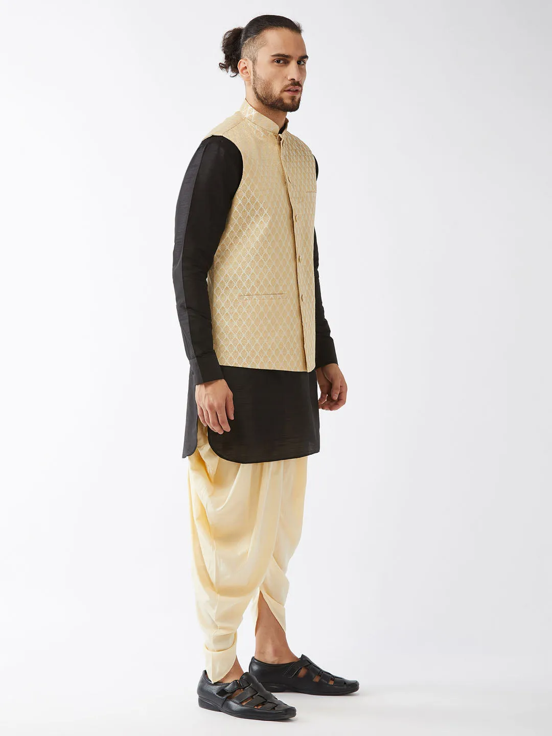 Men's Black, Cream And Gold Silk Blend Jacket, Kurta And Dhoti Set - Vastramay
