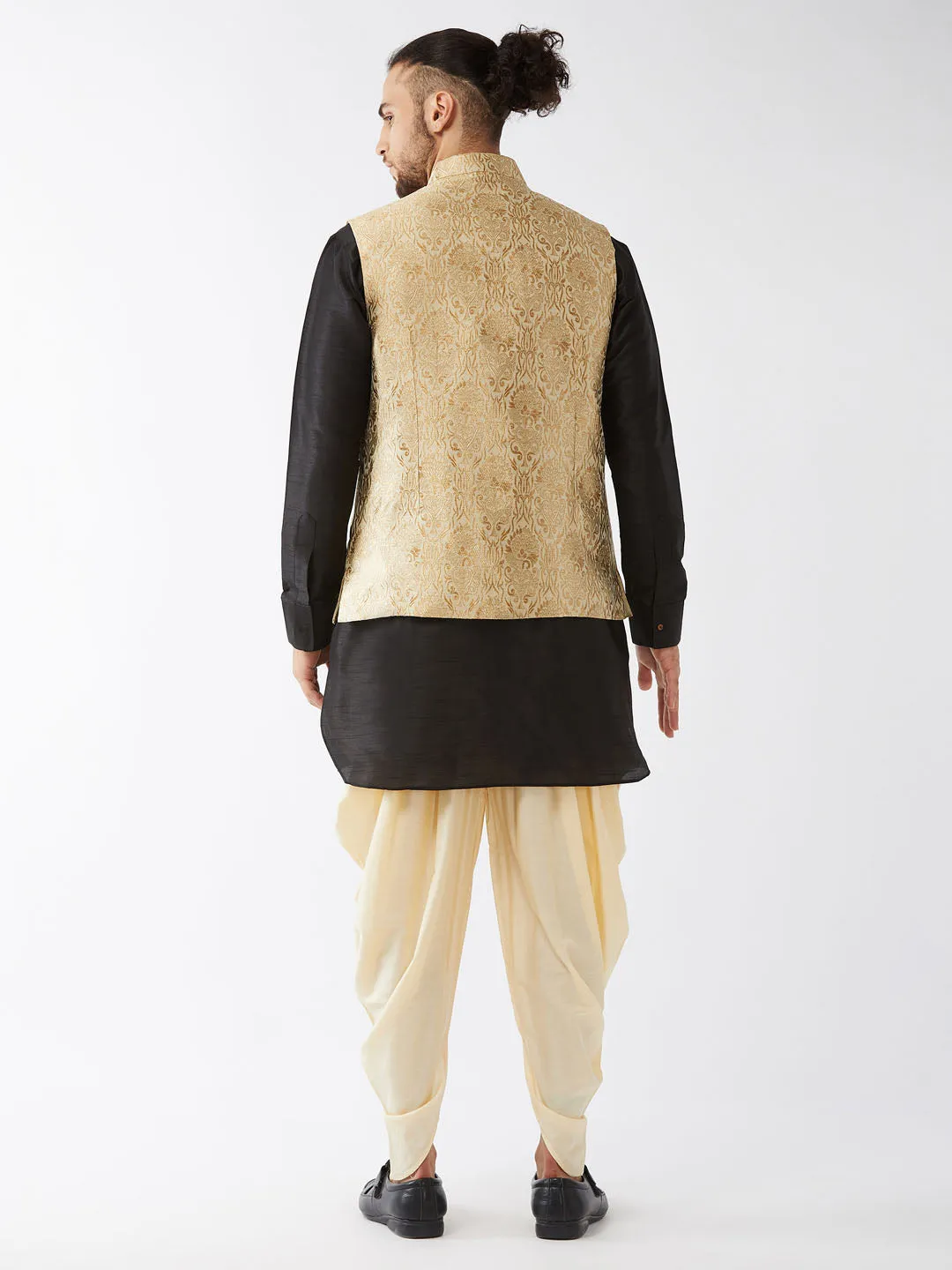 Men's Black, Rose Gold And Gold Silk Blend Jacket, Kurta And Dhoti Set - Vastramay