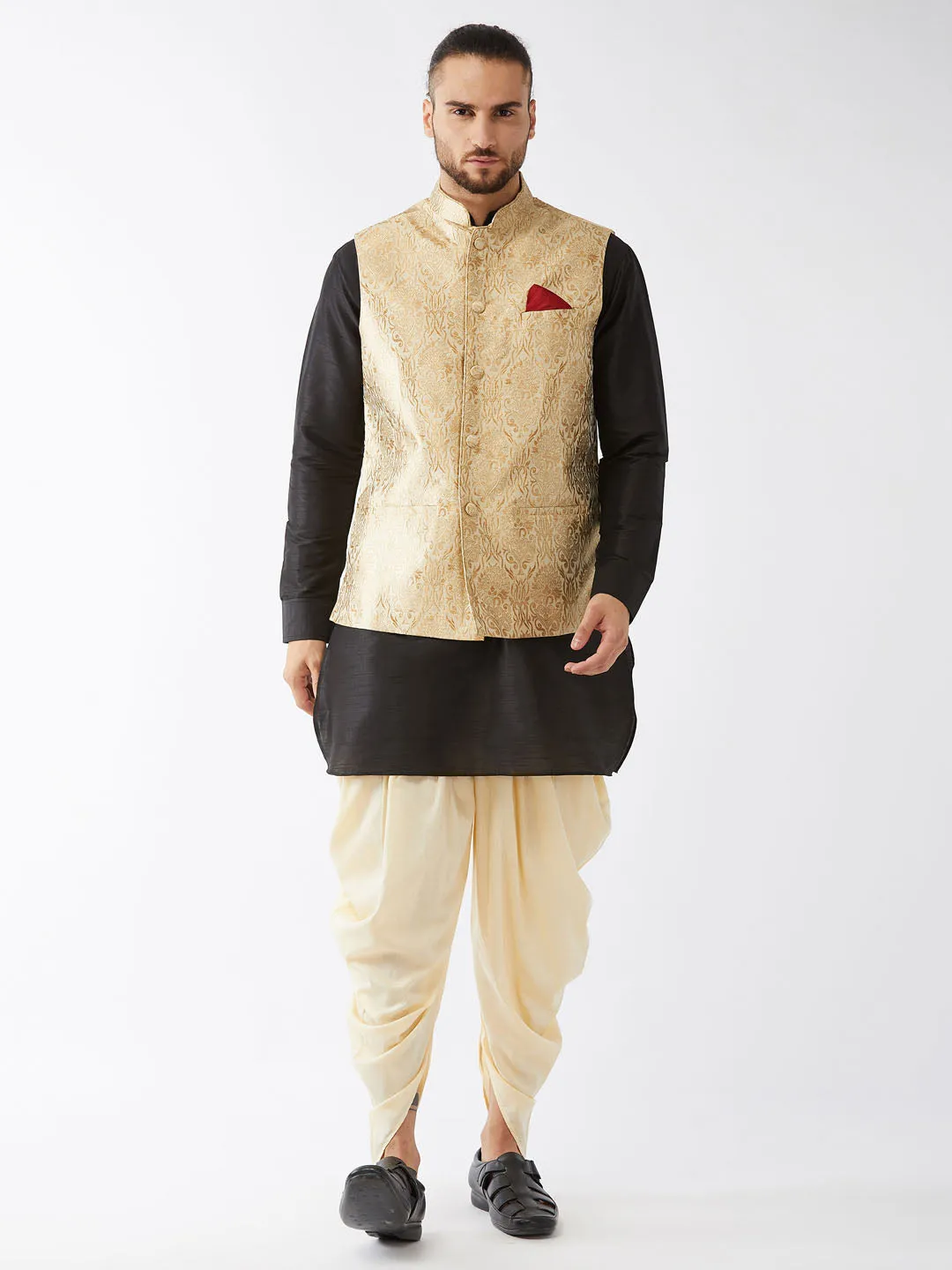 Men's Black, Rose Gold And Gold Silk Blend Jacket, Kurta And Dhoti Set - Vastramay