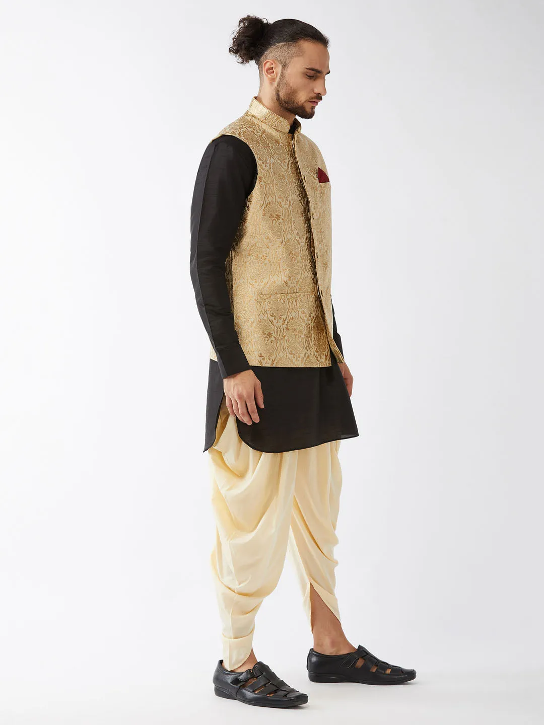 Men's Black, Rose Gold And Gold Silk Blend Jacket, Kurta And Dhoti Set - Vastramay