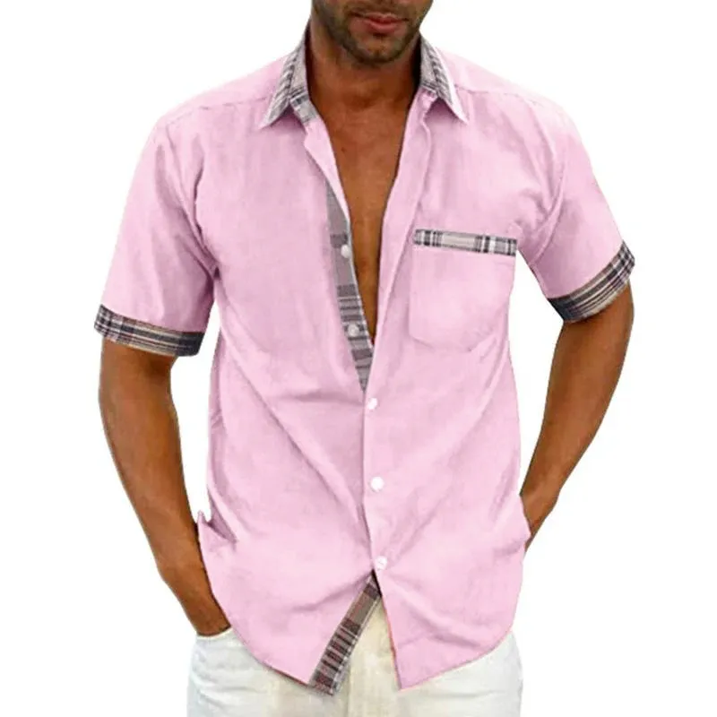 Men's Casual Colorblock Patchwork Lapel Short-sleeved Shirt 89469598M