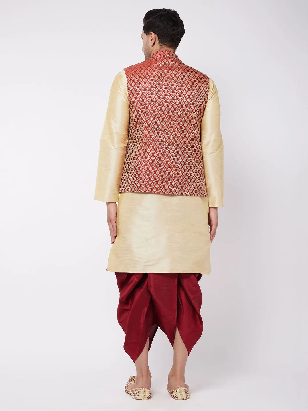 Men's Gold And Maroon Silk Blend Jacket, Kurta And Dhoti Set - Vastramay